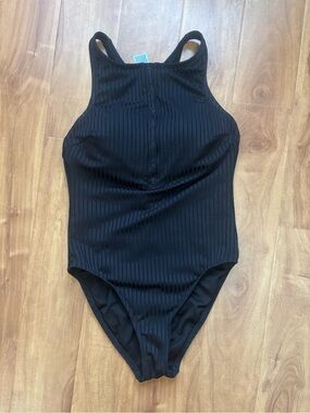 Shade & Shore Black Ribbed Snap-Front One-Piece Swimsuit
